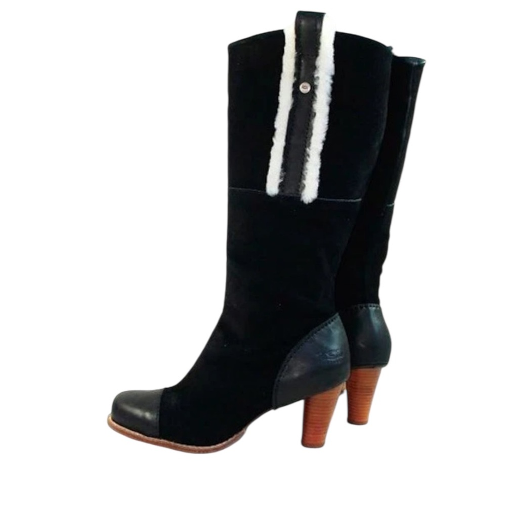 Ugg Australia Tess Black Suede Tall Sheepskin Women’s Leather Heel Boots - Picture 2 of 7